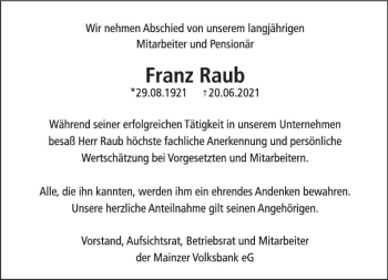 Traueranzeige von Franz Raub von vrm-trauer