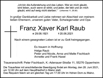 Traueranzeige von Franz Xaver Karl Raub von vrm-trauer