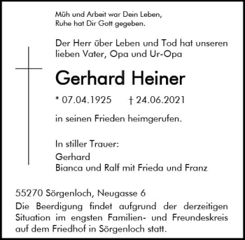 Traueranzeige von Gerhard Heiner von vrm-trauer