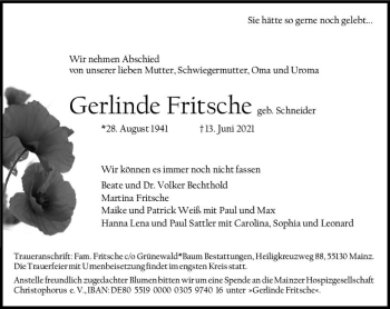 Traueranzeige von Gerlinde Fritsche von vrm-trauer