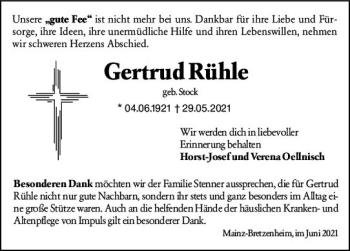 Traueranzeige von Gertrud Rühle von vrm-trauer