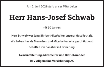 Traueranzeige von Hans-Josef Schwab von vrm-trauer