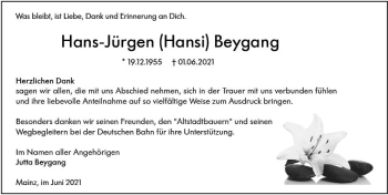 Traueranzeige von Hans-Jürgen Beygang von vrm-trauer