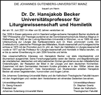 Traueranzeige von Hansjakob Becker von vrm-trauer