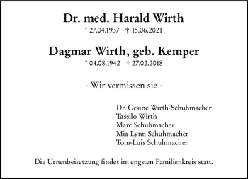 Traueranzeige von Harald Wirth von vrm-trauer