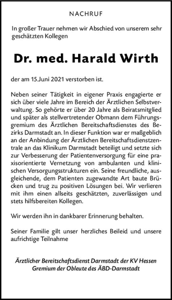 Traueranzeige von Harald Wirth von vrm-trauer