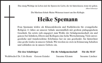 Traueranzeige von Heike Spemann von vrm-trauer