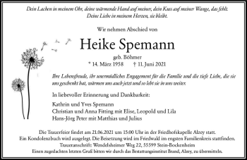 Traueranzeige von Heike Spemann von vrm-trauer