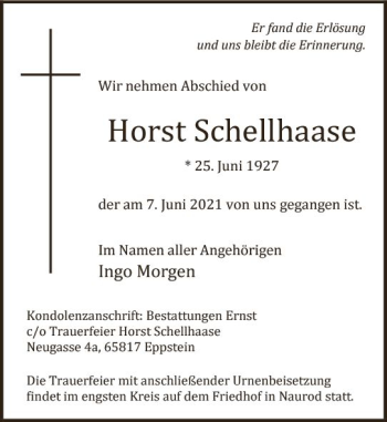 Traueranzeige von Horst Schellhaase von vrm-trauer