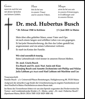 Traueranzeige von Hubertus Busch von vrm-trauer
