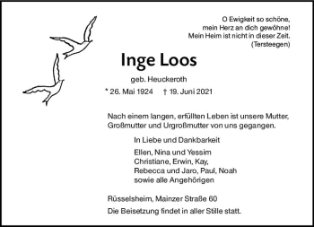 Traueranzeige von Inge Loos von vrm-trauer