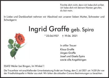 Traueranzeige von Ingrid Graffe von vrm-trauer