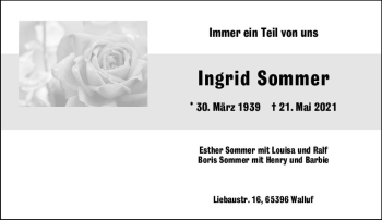 Traueranzeige von Ingrid Sommer von vrm-trauer