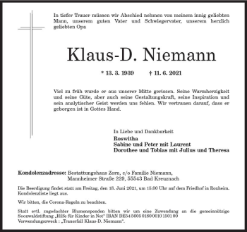 Traueranzeige von Klaus-D. Niemann von vrm-trauer