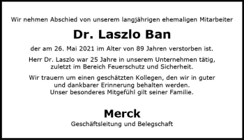 Traueranzeige von Laszlo Ban von vrm-trauer