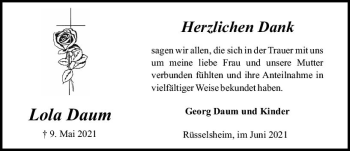 Traueranzeige von Lola Daum von vrm-trauer