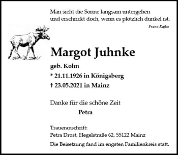 Traueranzeige von Margot Juhnke von vrm-trauer