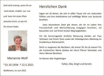 Traueranzeige von Marianne Wolf von vrm-trauer