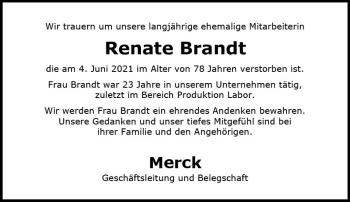Traueranzeige von Renate Brandt von vrm-trauer