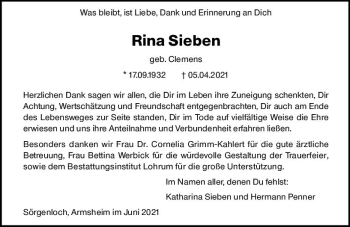 Traueranzeige von Rina Sieben von vrm-trauer