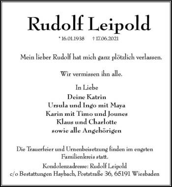 Traueranzeige von Rudolf Leipold von vrm-trauer
