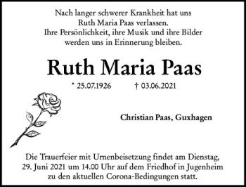 Traueranzeige von Ruth Maria Paas von vrm-trauer