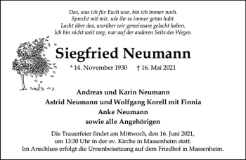 Traueranzeige von Siegfried Neumann von vrm-trauer