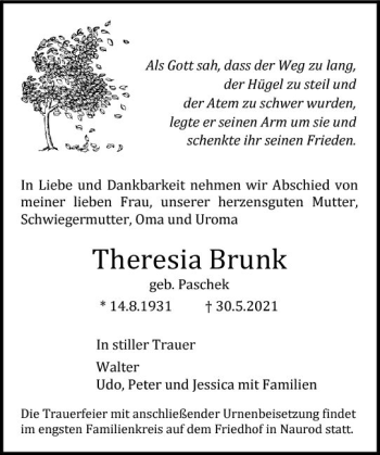 Traueranzeige von Theresia Brunk von vrm-trauer