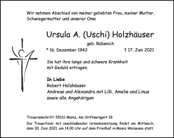 Traueranzeige von Ursula A.  Holzhäuser von vrm-trauer