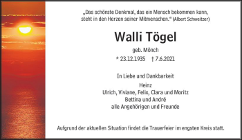 Traueranzeige von Walli Tögel von vrm-trauer