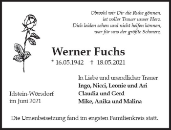 Traueranzeige von Werner Fuchs von vrm-trauer