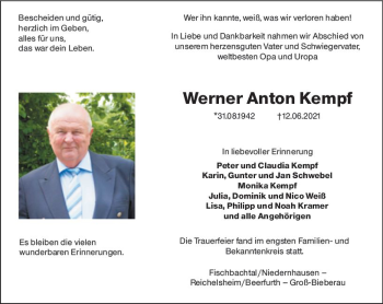 Traueranzeige von Werner Anton Kempf von vrm-trauer