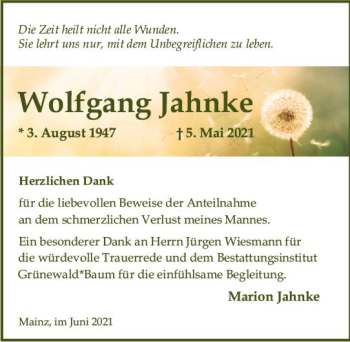 Traueranzeige von Wolfgang Jahnke von vrm-trauer
