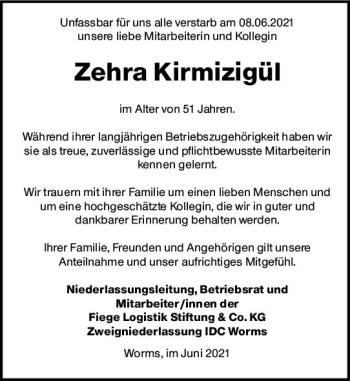 Traueranzeige von Zehra Kirmizigül von vrm-trauer