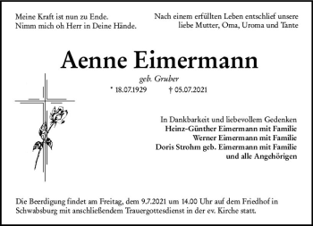 Traueranzeige von Aenne Eimermann von vrm-trauer
