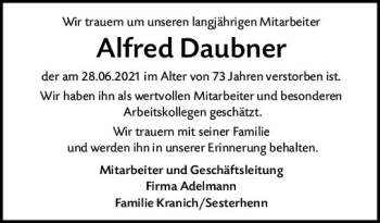 Traueranzeige von Alfred Daubner von vrm-trauer