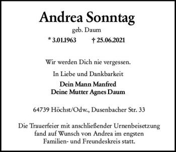 Traueranzeige von Andrea Sonntag von vrm-trauer