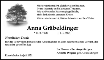 Traueranzeige von Anna Gräbeldinger von vrm-trauer