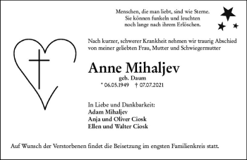 Traueranzeige von Anne Mihaljev von vrm-trauer