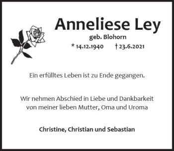 Traueranzeige von Anneliese Ley von vrm-trauer