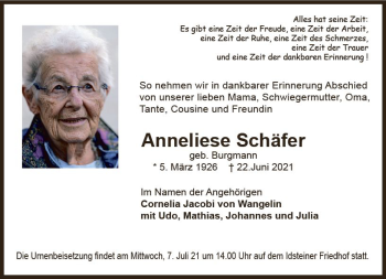 Traueranzeige von Anneliese Schäfer von vrm-trauer