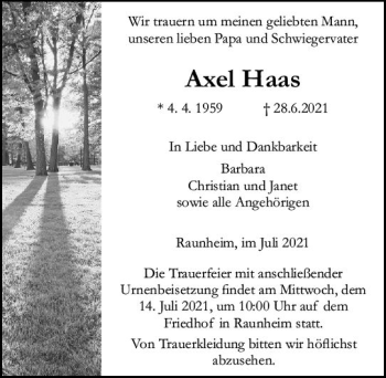 Traueranzeige von Axel Haas von vrm-trauer