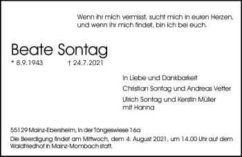 Traueranzeige von Beate Sontag von vrm-trauer