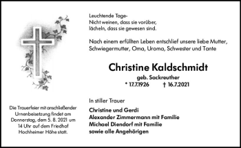 Traueranzeige von Christine Kaldschmidt von vrm-trauer