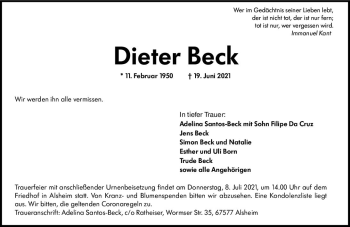 Traueranzeige von Dieter Beck von vrm-trauer