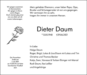 Traueranzeige von Dieter Daum von vrm-trauer