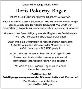Traueranzeige von Doris Pokorny-Boger von vrm-trauer