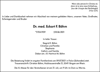 Traueranzeige von Eckart F. Böhm von vrm-trauer