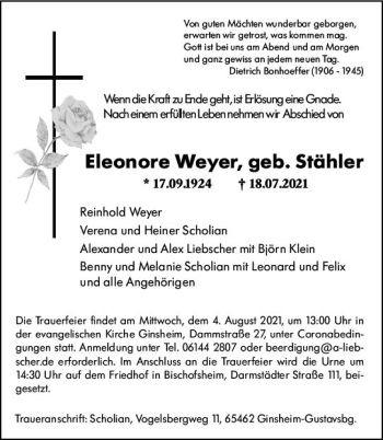 Traueranzeige von Eleonore Weyer von vrm-trauer