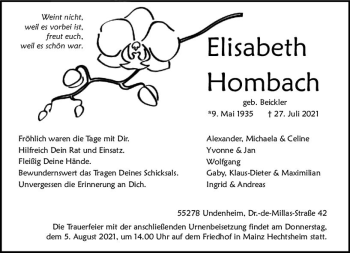Traueranzeige von Elisabeth Hombach von vrm-trauer